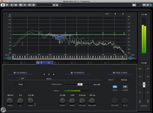With Frequency 2 inserted on the master bus, you can apply gain reduction only to the low‑mid frequencies, and only when they contain the most energy — this can be an effective tactic if faced with a muddy‑sounding mix and static EQ can’t get things where you want. With Frequency 2 inserted on the master bus, you can apply gain reduction only to the low‑mid frequencies, and only when they contain the most energy — this can be an effective tactic if faced with a muddy‑sounding mix and static EQ can’t get things where you want.