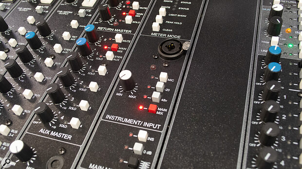 Each channel can select from several input sources, including the top‑panel mic/instrument input that’s located in the master section. Each channel can select from several input sources, including the top‑panel mic/instrument input that’s located in the master section.