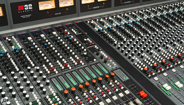 Above the eight subgroup channels, the Cue/Matrix section allows you to route various sources, including a Dante return mix, to artists and outboard. Above the eight subgroup channels, the Cue/Matrix section allows you to route various sources, including a Dante return mix, to artists and outboard.