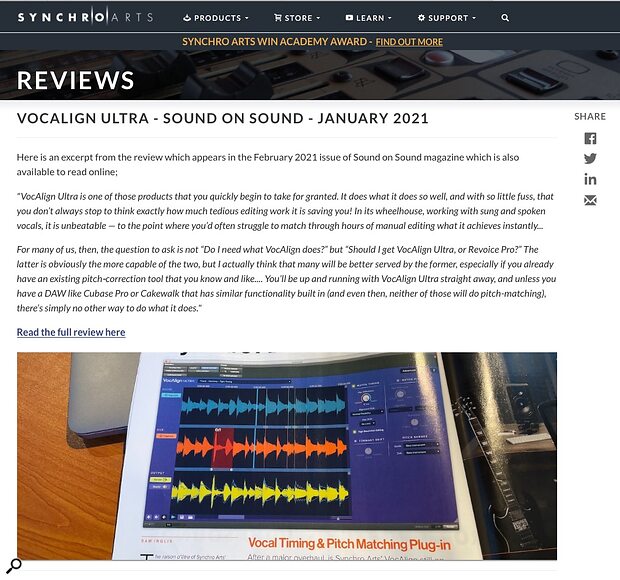 SOS review quotes on the Synchro Arts website with Magazine name, Month/Year plus link to full SOS review on our website. The use of a photo of the mag is a nice touch and shows the article author's name. SOS review quotes on the Synchro Arts website with Magazine name, Month/Year plus link to full SOS review on our website. The use of a photo of the mag is a nice touch and shows the article author's name.