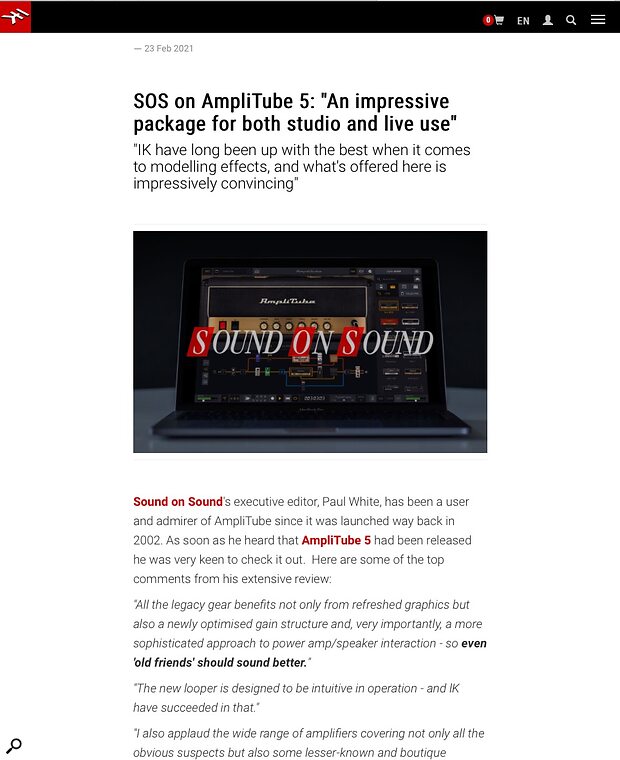 IK AmpliTube 5 SOS review quotes, SOS logo and scroll down it shows the full Review link. IK AmpliTube 5 SOS review quotes