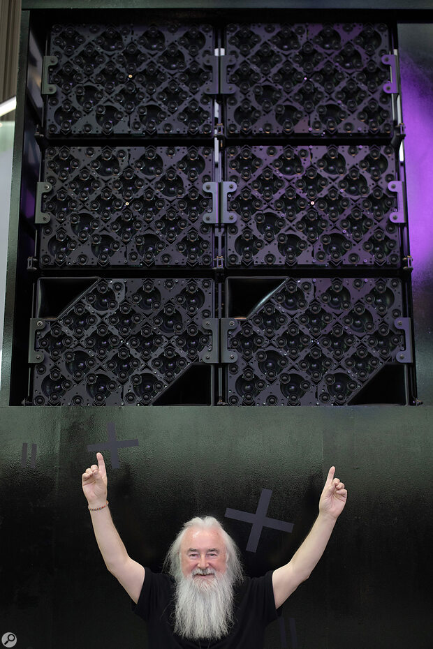 Joe O’Herlihy with a few of the HOLOPLOT Modul multi‑speaker arrays that generate the Sphere’s uniquely accurate immersive sound. Joe O’Herlihy with a few of the HOLOPLOT Modul multi‑speaker arrays that generate the Sphere’s uniquely accurate immersive sound.
