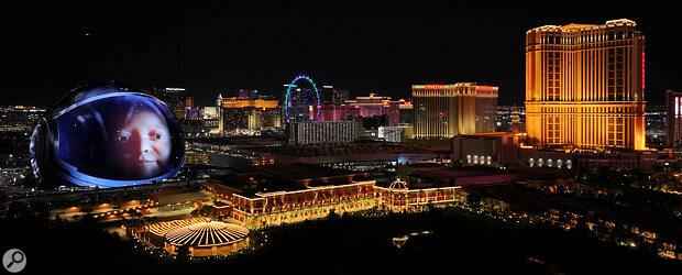 The exterior of the Sphere is also a video wall, here projecting U2’s ‘space baby’ into the Vegas night. The exterior of the Sphere is also a video wall, here projecting U2’s ‘space baby’ into the Vegas night.