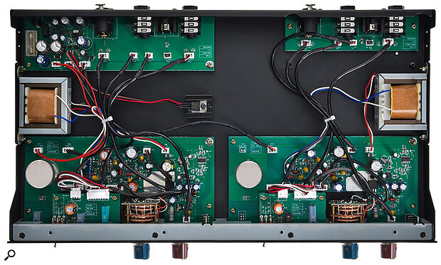 Inside the unit, you can see that the Gain controls are switches, rather than pots, which makes precise channel matching and recall easy. Inside the unit, you can see that the Gain controls are switches, rather than pots, which makes precise channel matching and recall easy.