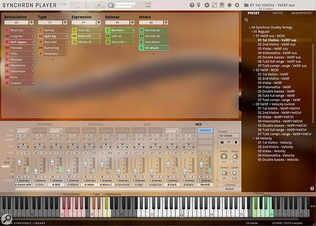 The Synchron Player GUI’s mix tab. Samples are mapped to the white keys, coloured keys are switches, which select the basic articulation, articulation style, vibrato style, release and attack options. The Synchron Player GUI’s mix tab. Samples are mapped to the white keys, coloured keys are switches, which select the basic articulation, articulation style, vibrato style, release and attack options.