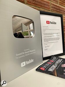 The YouTube award SOUND ON SOUND's channel received when it passed 100,000 subscribers. It's now double that number! The YouTube award SOUND ON SOUND's channel received when it passed 100,000 subscribers. It's now double that number!